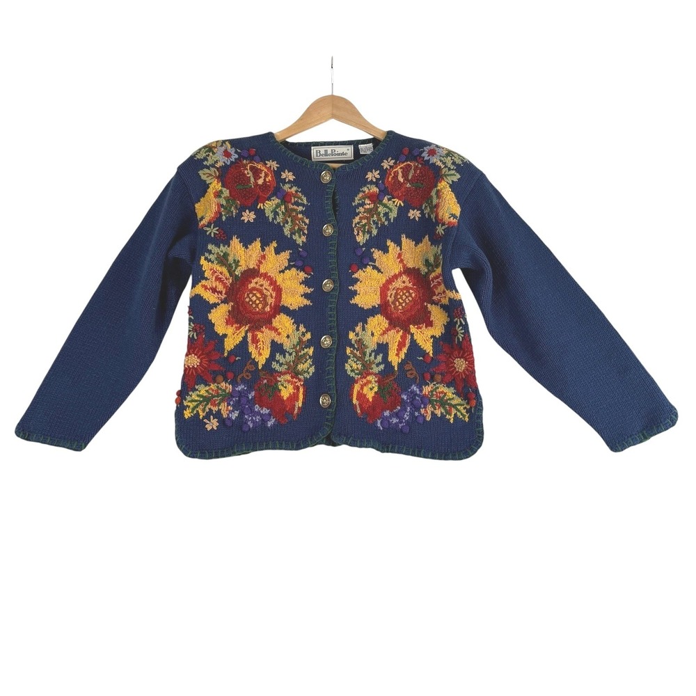 BellePointe Cardigan Women Small Blue Sunflower Floral Vintage Knit Sweater